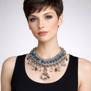 New Chunky, Bold & Unique Multi Coloured Crystals Silver Tone Necklace